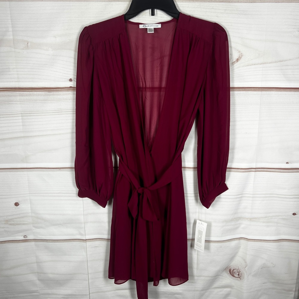 Rya Collection Sheer Robe Womens XS S Burgundy Long Sleeve Tie Waist Chiffon
